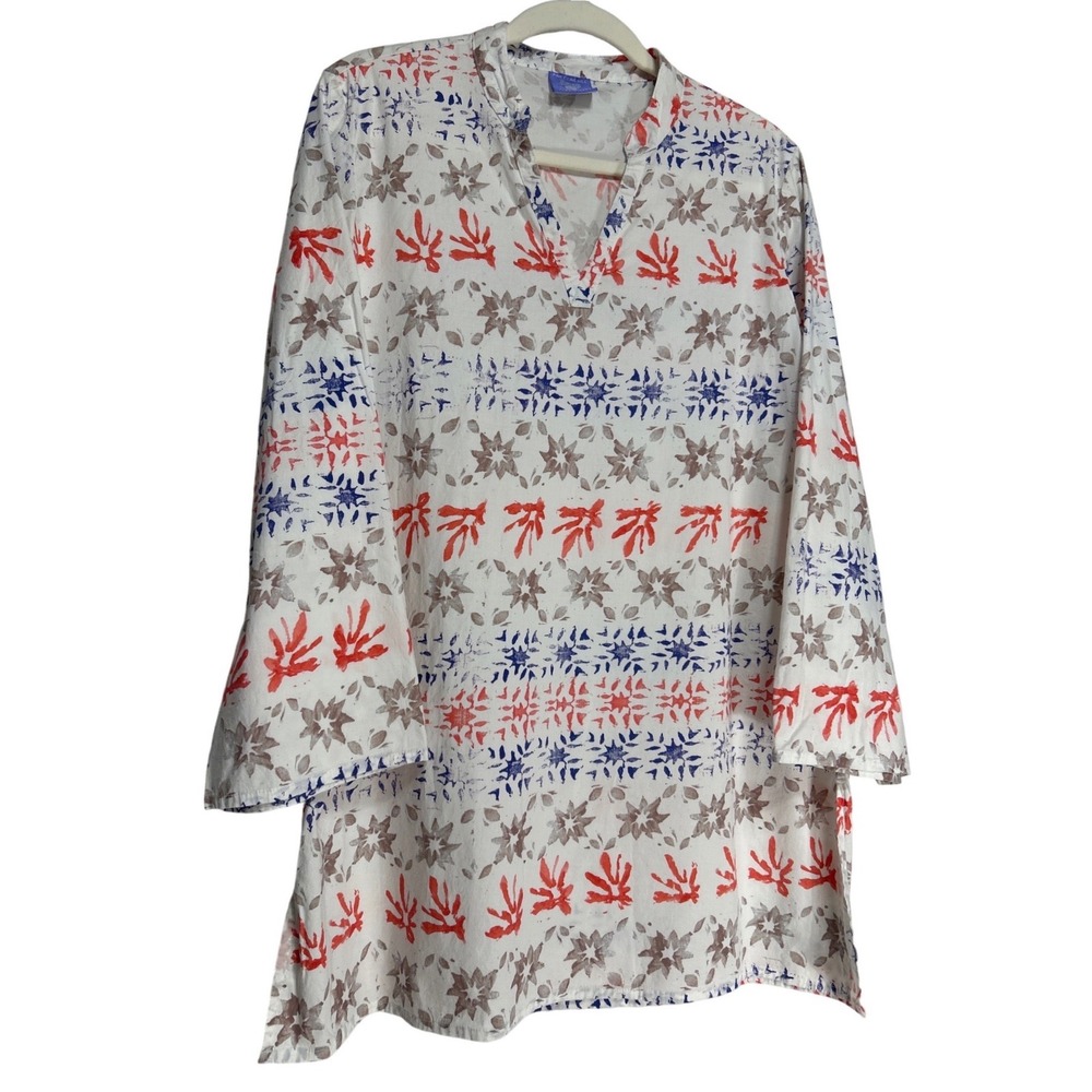 Pine Cone Hill Tunic Top XS/S White Red Blue Floral Block Print V-Neck